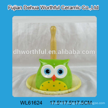 Lovely owl shaped ceramic tissue holder with wooden bottom